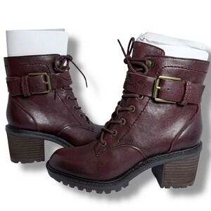 Zodiac Gemma Wine Leather Lace Up Ankle Boots Buckle Accent Women's Size 5.5 NEW
